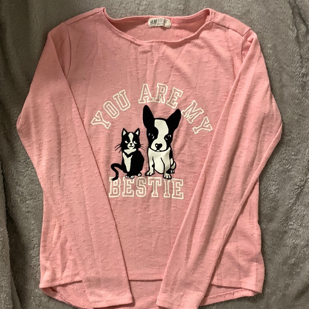 Thin pink sweater/long sleeve top from H&M with graphic on it.